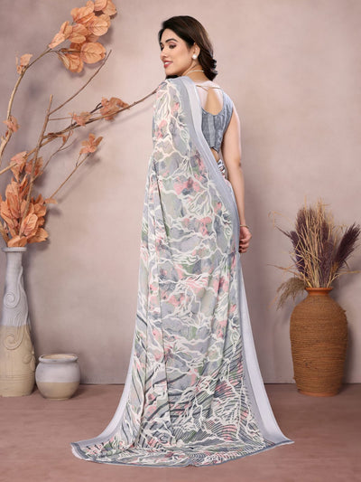 Odette Grey Satin Printed Saree With Unstitched Blouse For Women