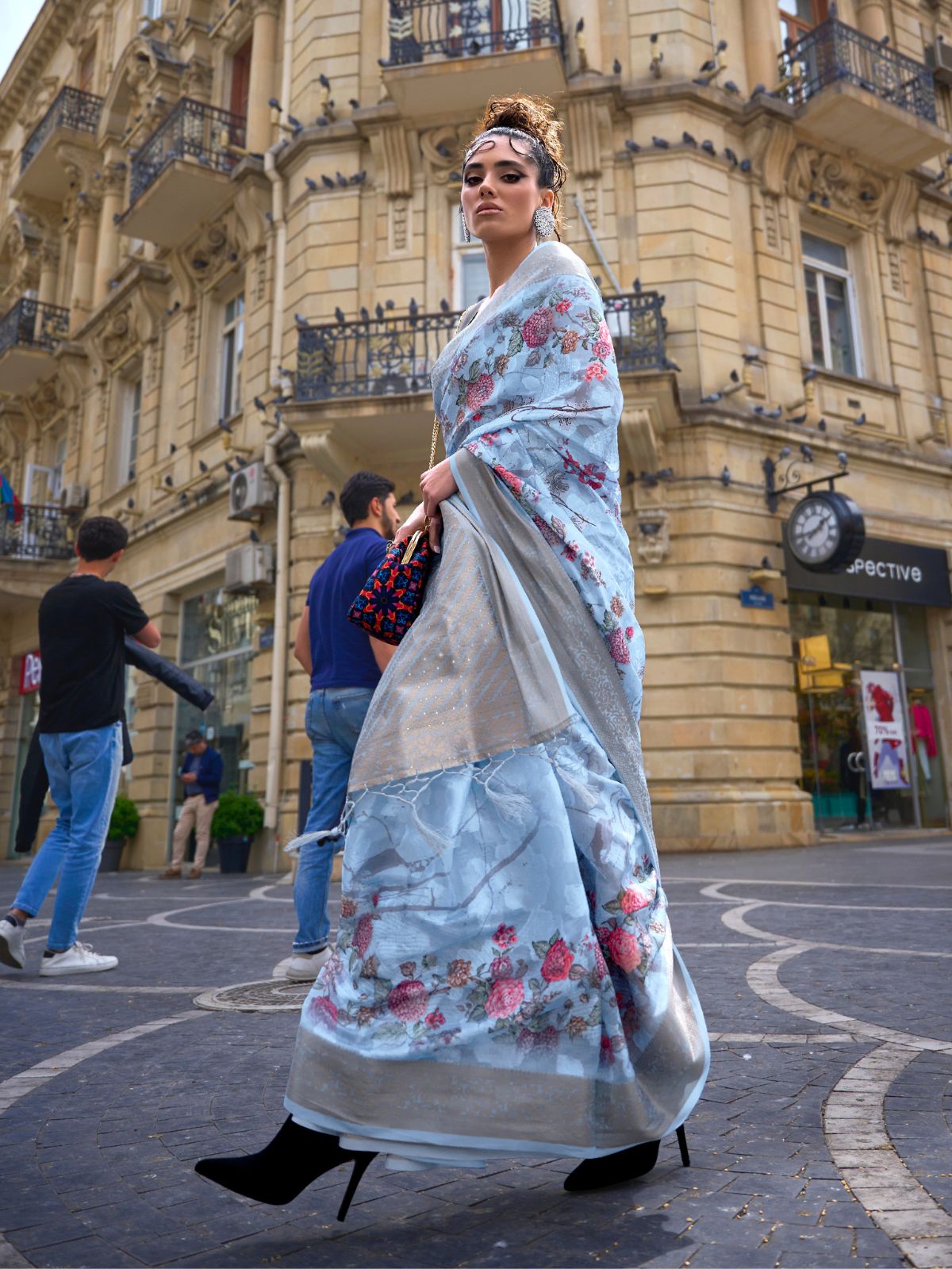 Odette Blue Poly Brasso Woven Saree With Unstitched Blouse For Women