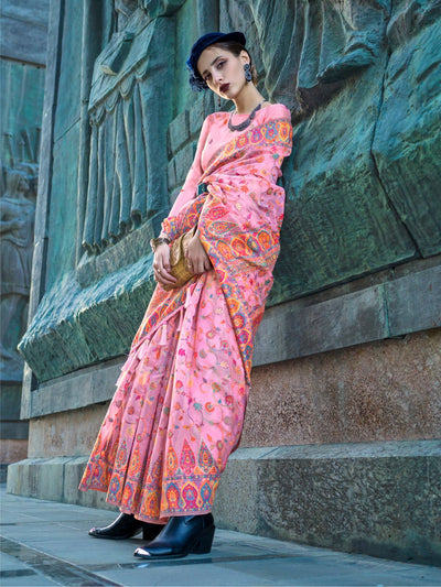 Odette Pink Organza Woven Saree With Unstitched Blouse For Women