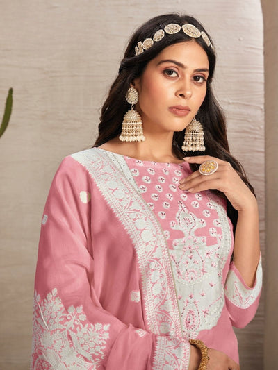 Odette Pink Organza Embroidered Semi-Stitched Kurta Set For Women