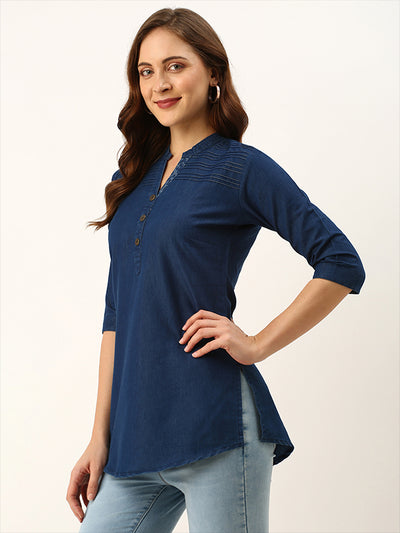 Odette Blue Solid Denim Stitched Short Kurta For Women