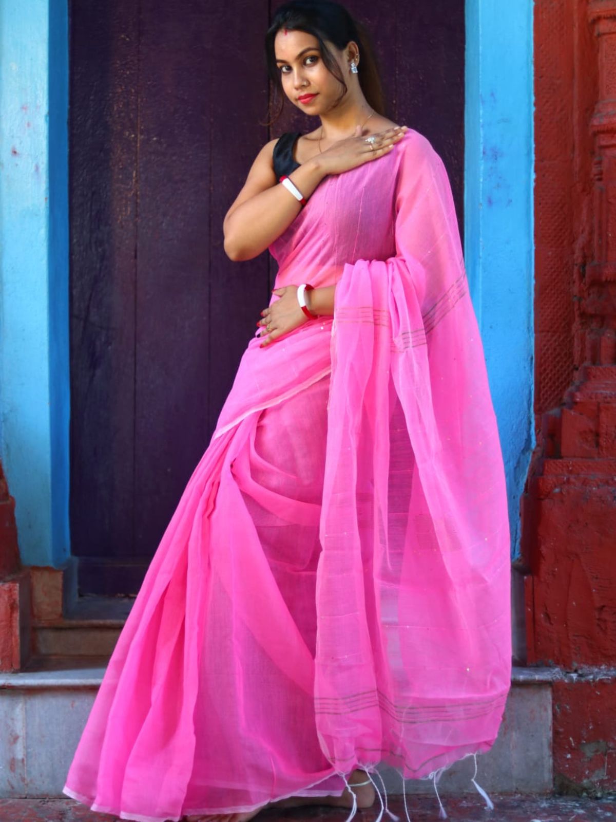 Odette Light Pink Cotton  Saree  With Unstitched Blouse for Women