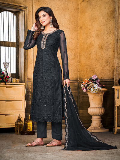 Odette Black Net Embroidered Semi stitched Kurta Set with Inner For Women