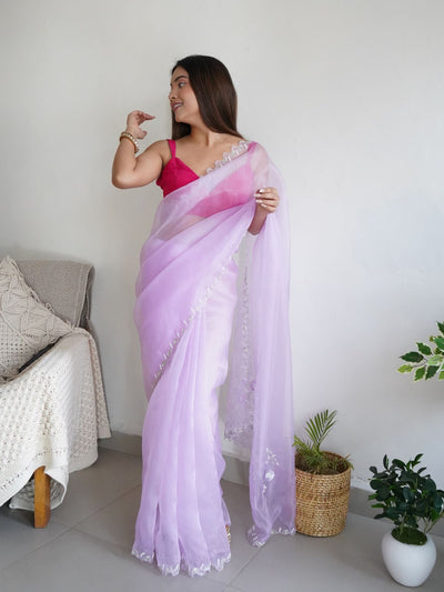 Odette Pink Organza Embroidered Saree With Unstitched Blouse For Women