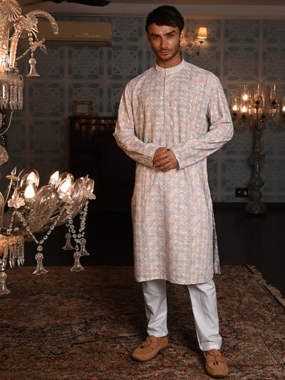 Odette Peach Embroidered Cotton Traditional Kurta Set For Men