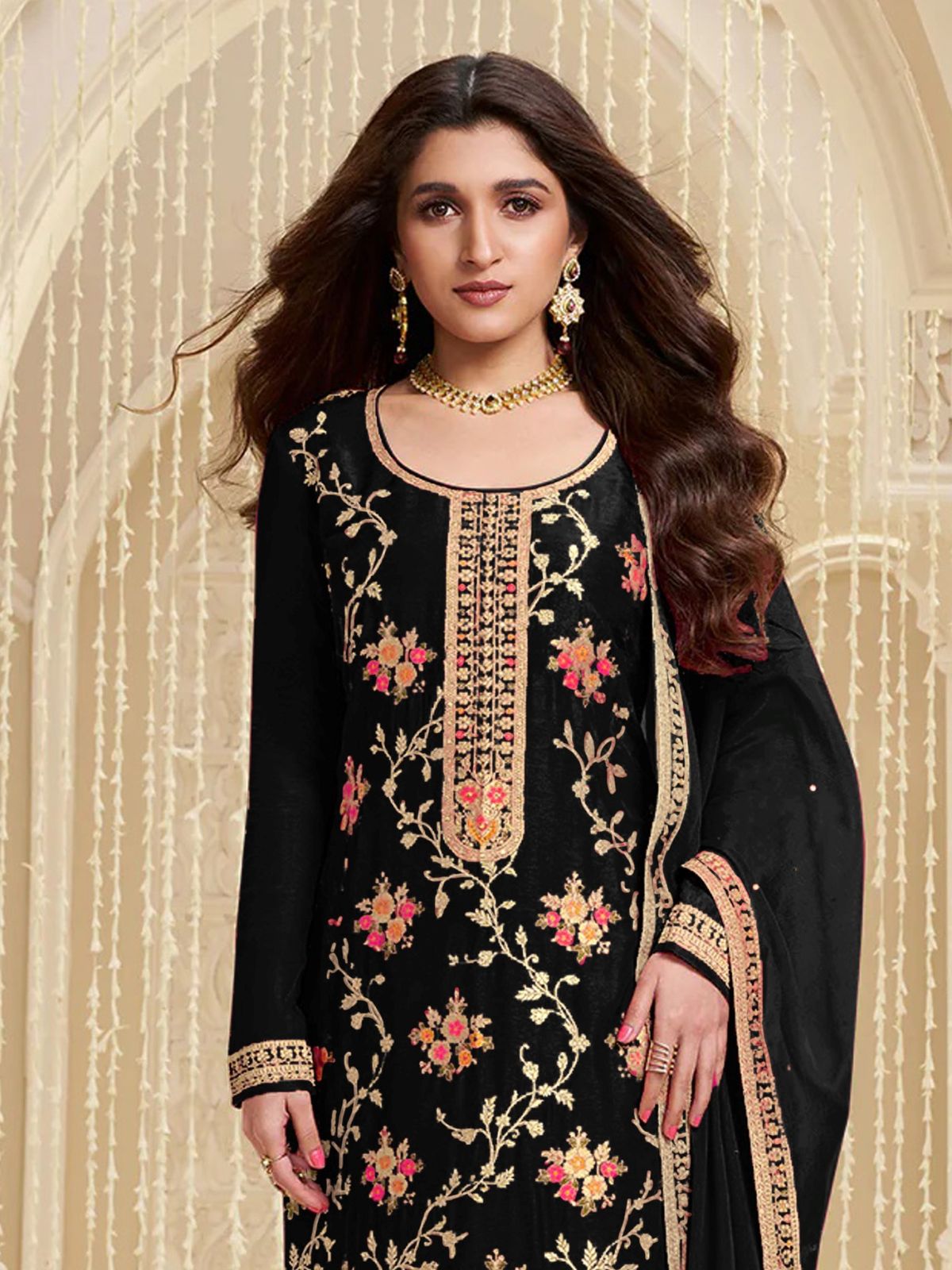 Odette Black Viscose Embroidered Semi-Stitched Kurta Set For Women