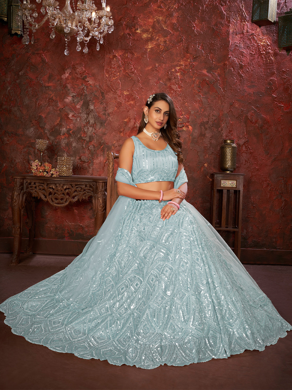 Odette Sky Blue Net Embellished Semi Stitched Lehenga With Unstitched Blouse for Women