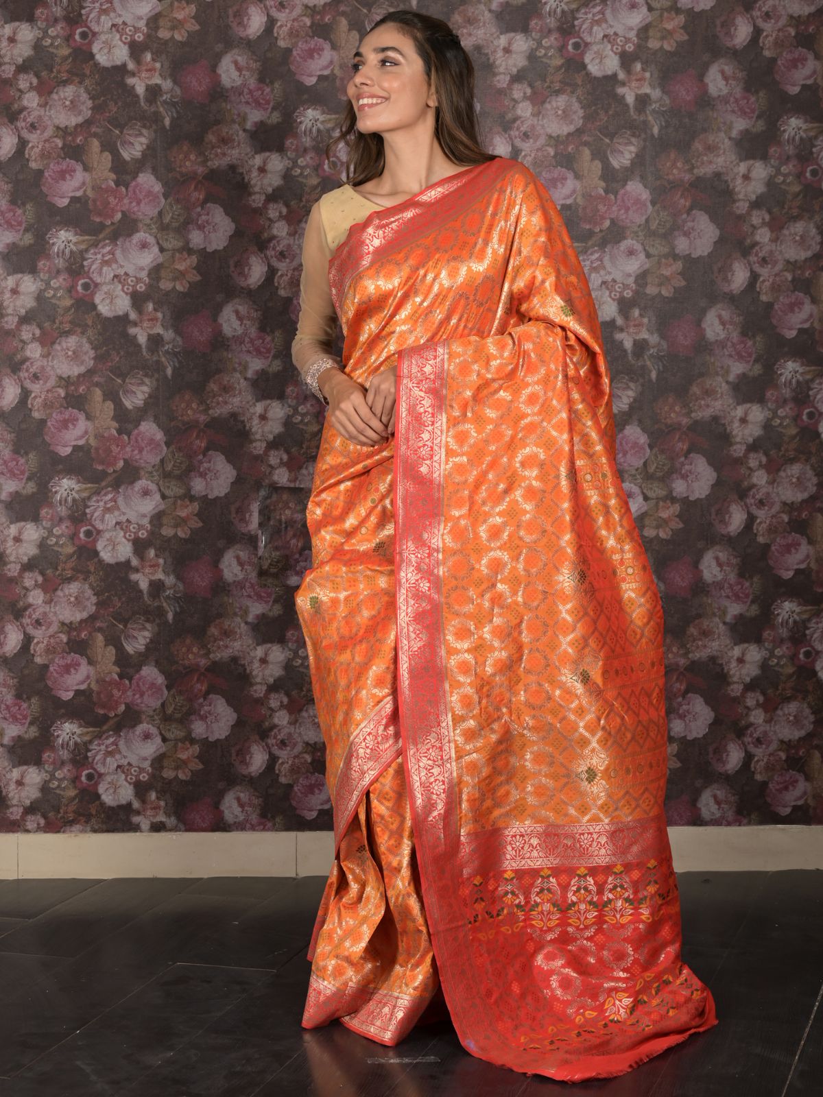 Odette Orange Patola Silk Woven Saree with Unstitched Blouse for Women