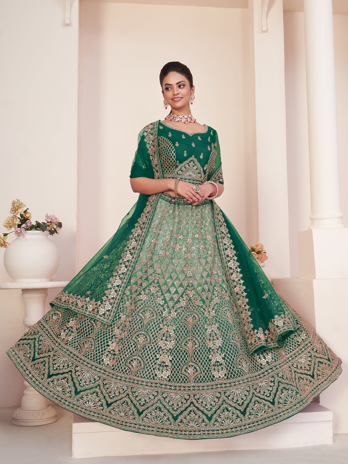 Odette Green Net Embellished Semi Stitched Lehenga With Unstitched Blouse for Women