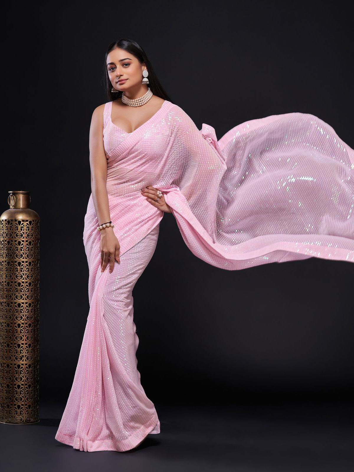 Buy Nasrin Metallic Pink Hand Embroidered Georgette Saree | Rouje Official