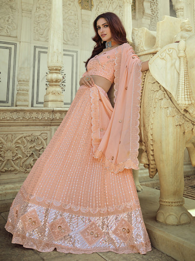 Odette Peach Embellished Georgette Semi Stitched Lehenga With Blouse For Women