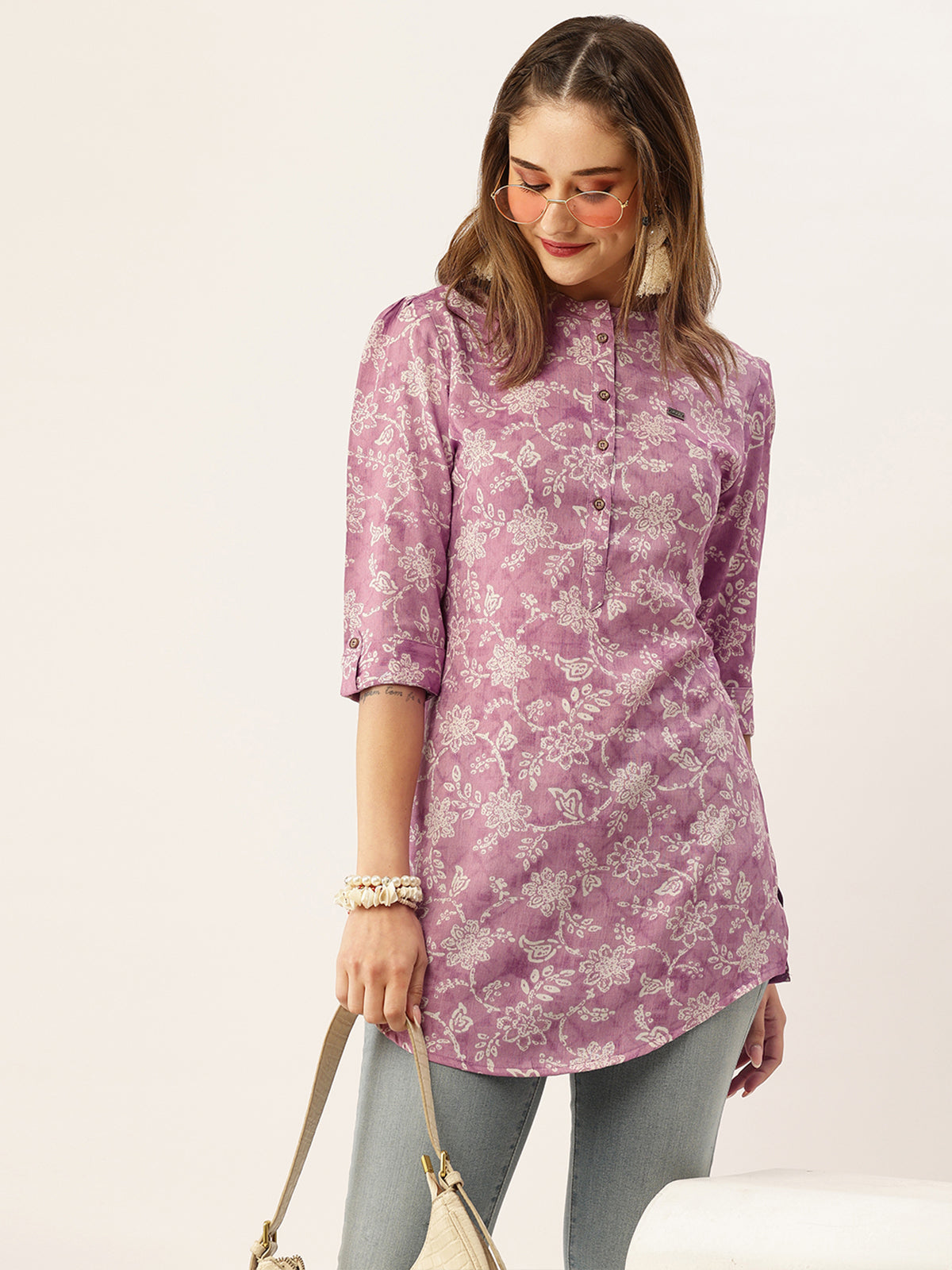 Odette Pink Printed Rayon Stitched Short Kurta For Women