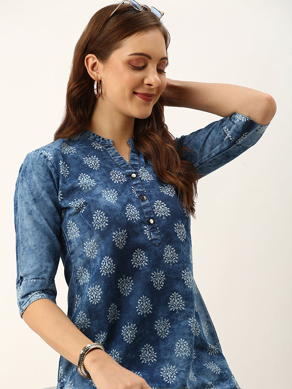 Odette Blue Printed Denim Stitched Short Kurta For Women