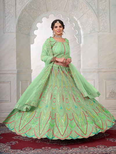 Odette Green Net Embroidered Semi Stitched Lehenga With Unstitched Blouse for Women