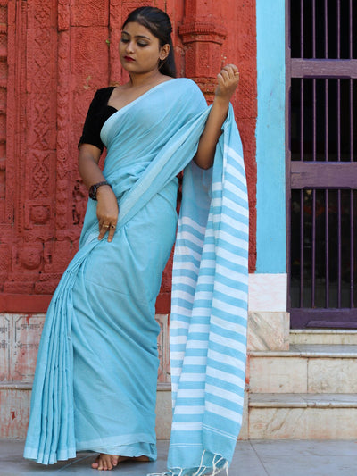 Odette Light Blue Cotton  Saree  With Unstitched Blouse for Women