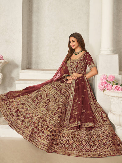 Odette Maroon Organza Blend Embroidered Semi Stitched Lehenga With Unstitched Blouse for Women