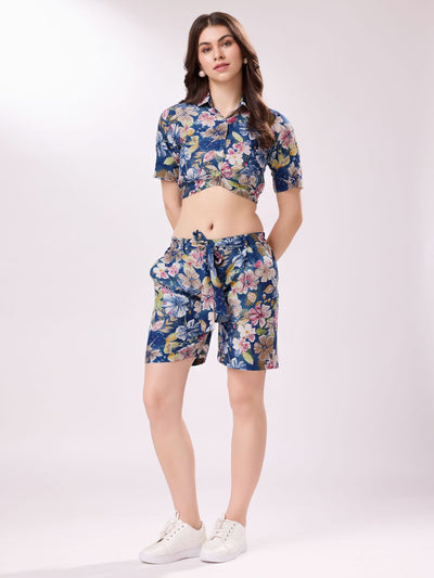 Odette Blue Cotton Printed Stitched Co-ord Set For Women