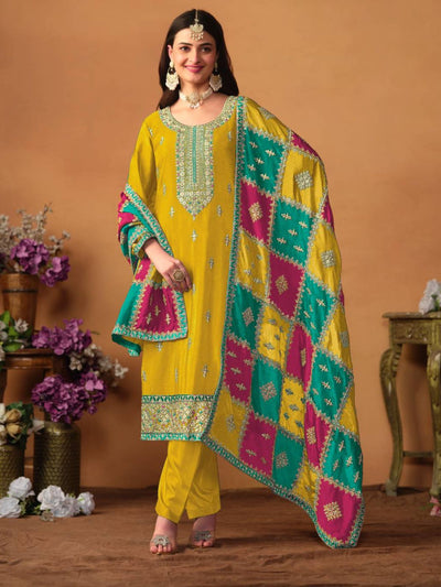 Odette Yellow Embroidered Chinon Silk Unstitched Kurta Set For Women