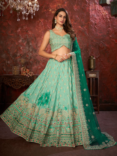 Odette Sea Green Net Embellished Semi Stitched Lehenga With Unstitched Blouse for Women