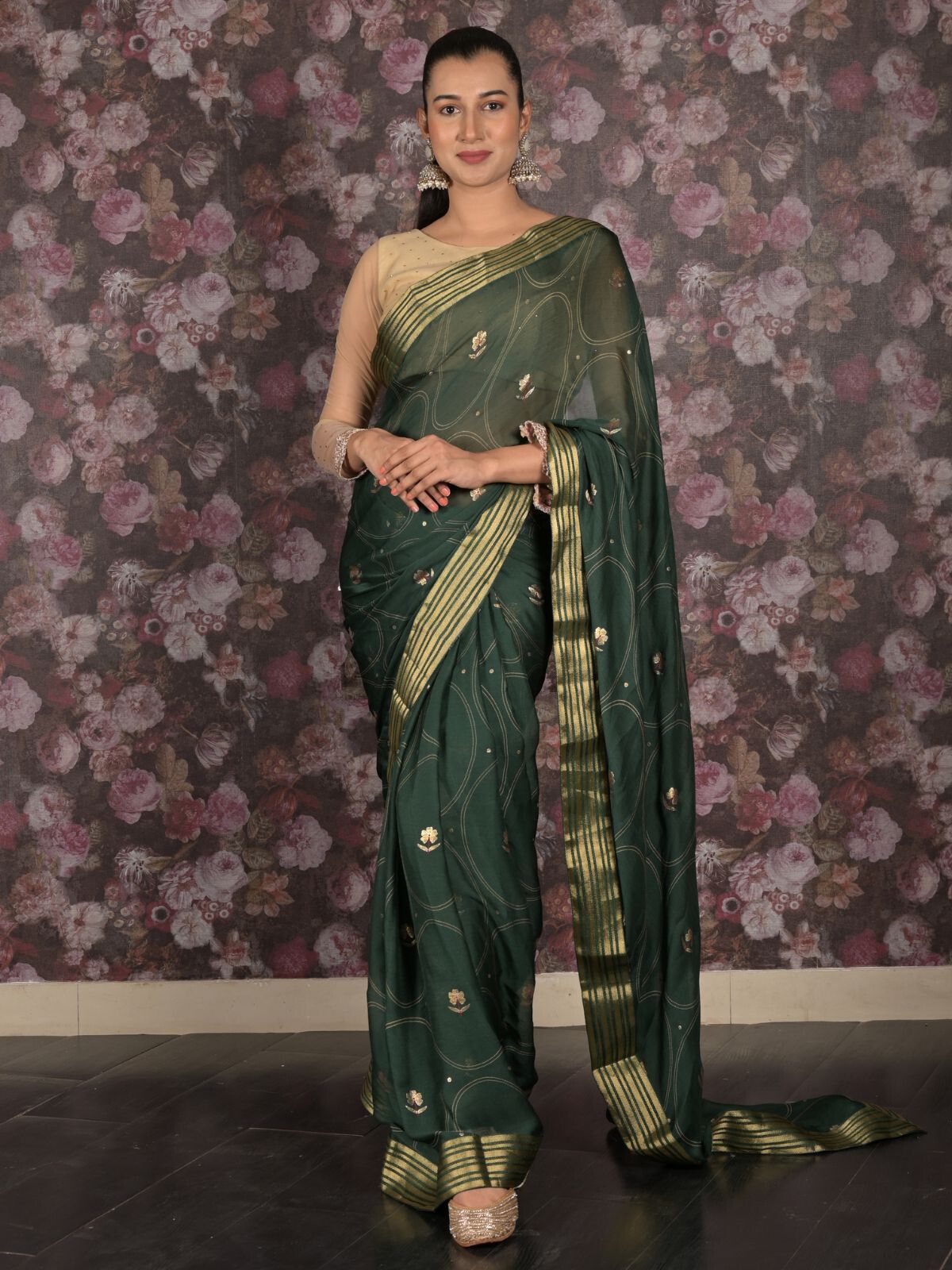 Odette Green Chiffon Printed Saree With Unsitched Blouse For Women