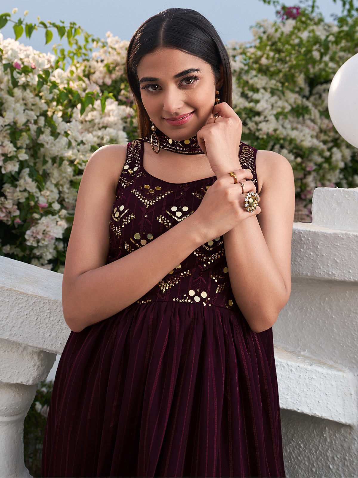 Maroon Tulle Embroidered Pre-Stitched Saree Set Design by Rohit Gandhi &  Rahul Khanna at Pernia's Pop Up Shop 2024