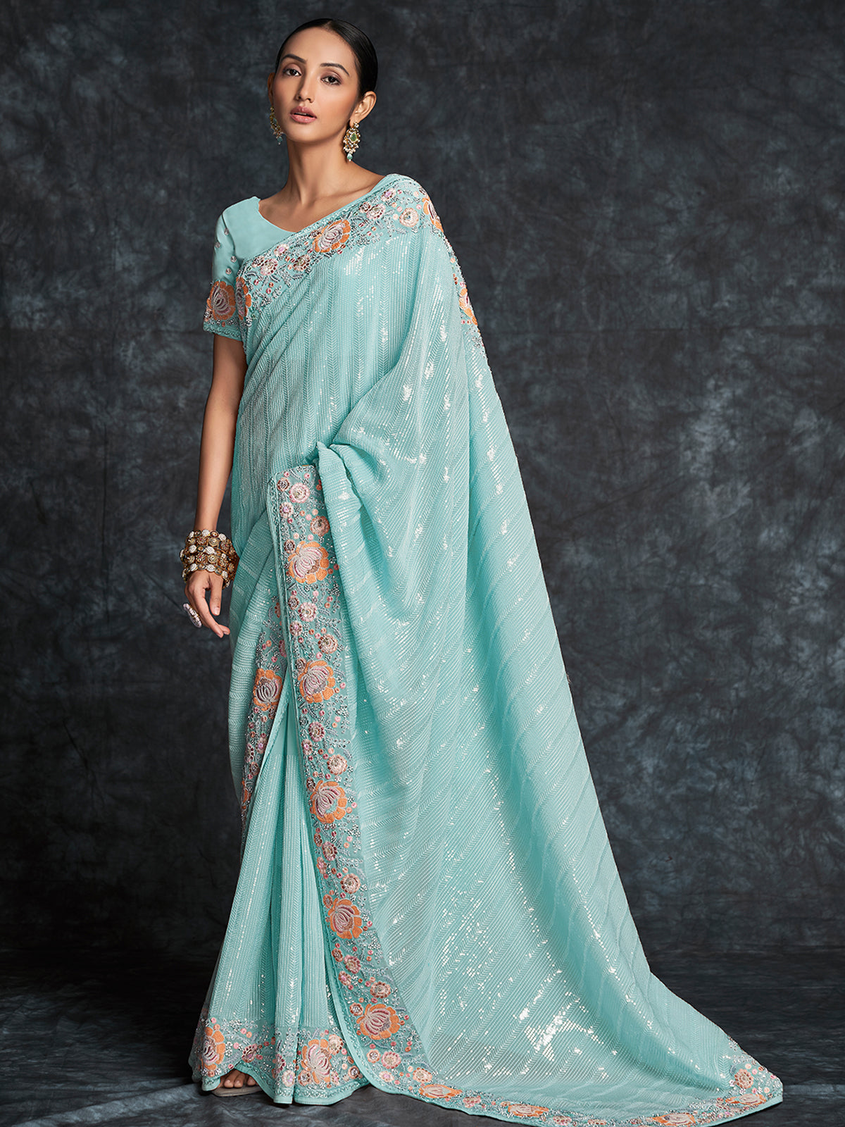 Odette Sea Green Embroidered Georgette Saree With Unstitched Blouse For Women