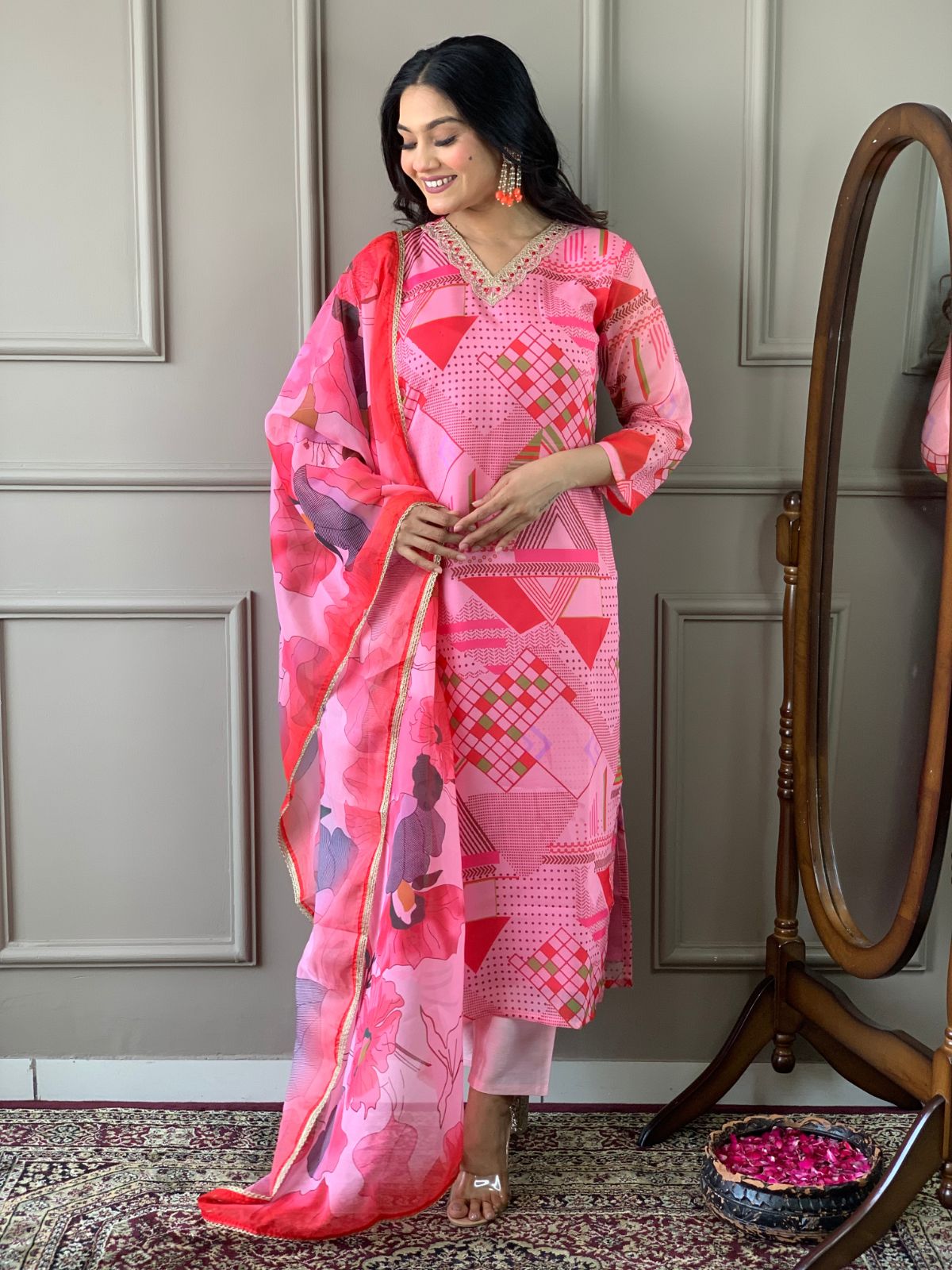 Odette Pink Viscose Printed Stitched Kurta Set For Women