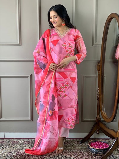 Odette Pink Viscose Printed Stitched Kurta Set For Women