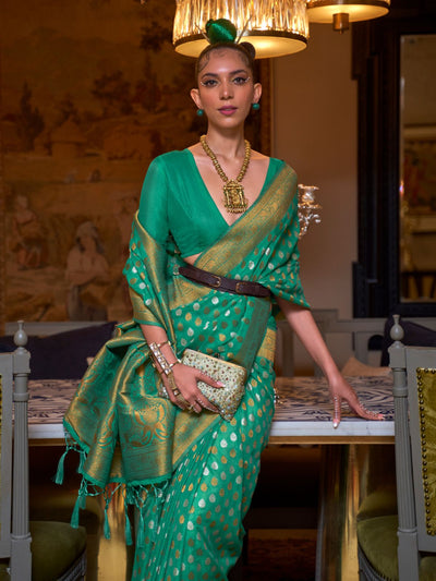 Odette Green Silk Blend Woven Saree With Unstitched Blouse for Women