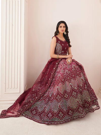 Odette Maroon Net Embroidered Semi Stitched Lehenga With Unstitched Blouse for Women