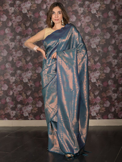 Odette Teal Silk Blend Woven Saree with Unstitched Blouse for Women