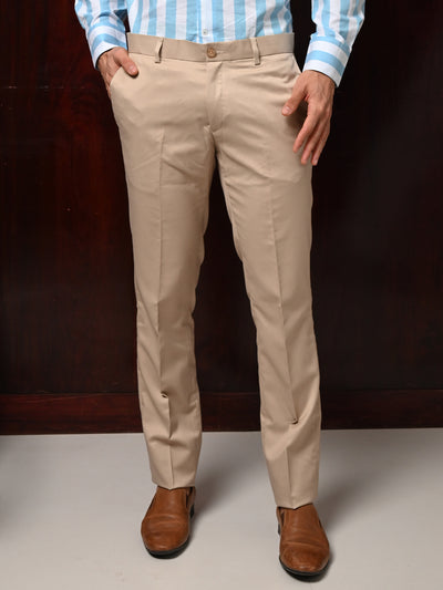 Odette Beige Poly Viscose Regular Fit Trouser for Men