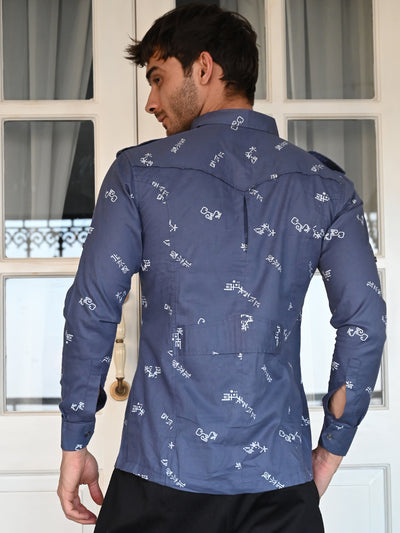 Odette Blue Printed Cotton Hunting Shirt for Men