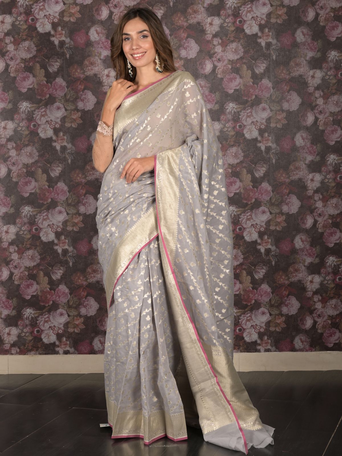 Odette Grey Woven Silk Blend Saree With Unstitched Blouse For Women