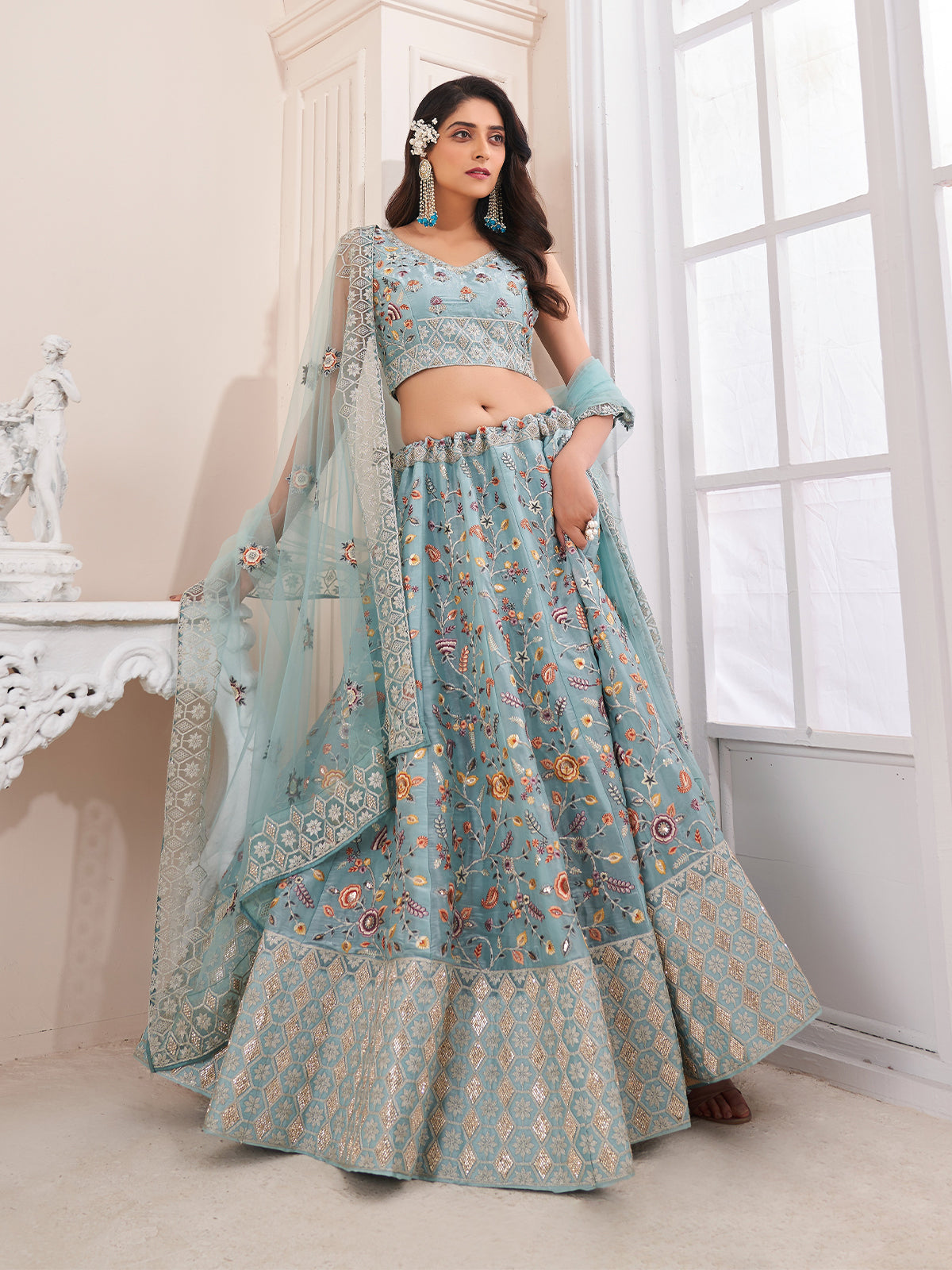 Odette Blue Organza Blend Embroidered Semi Stitched Lehenga With Unstitched Blouse for Women