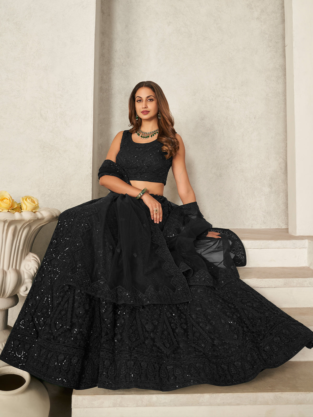 Odette Black Net Embellished Semi Stitched Lehenga With Unstitched Blouse for Women