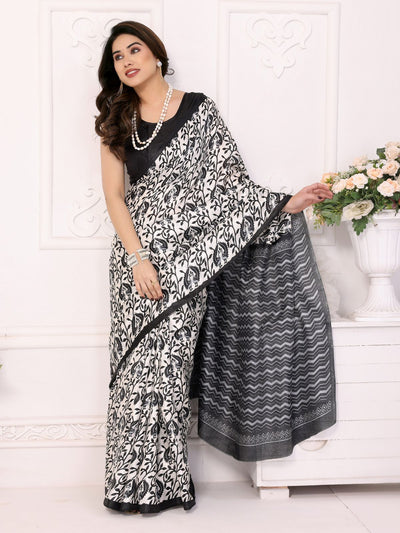 Odette White Khadi Printed Saree With Unstitched Blouse For Women