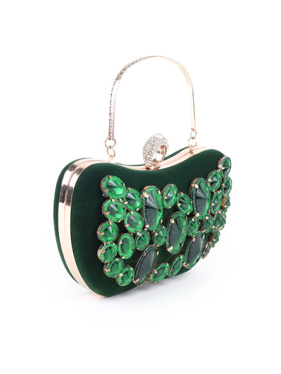 Odette Dark Green Embellished Clutch for Women