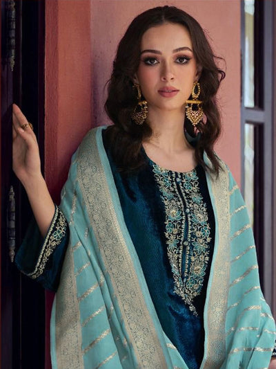 Odette Teal Velvet Embroidery Semi-Stitched Kurta Set For Women