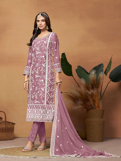 Odette Pink Embroidered Semi Stitched Kurta Set  For Women