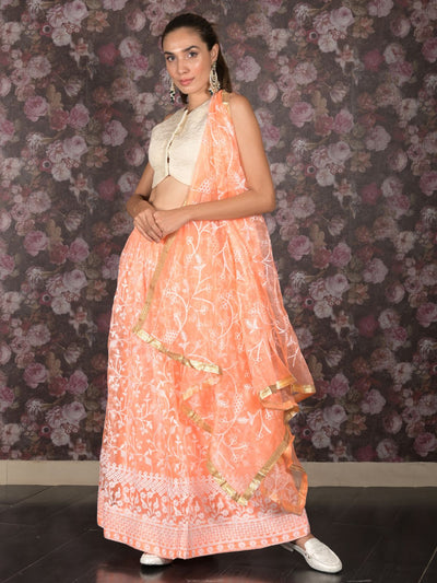 Odette Orange Thread Embroidered Semi-Stitched Net Lehenga with Unstitched Blouse for Women