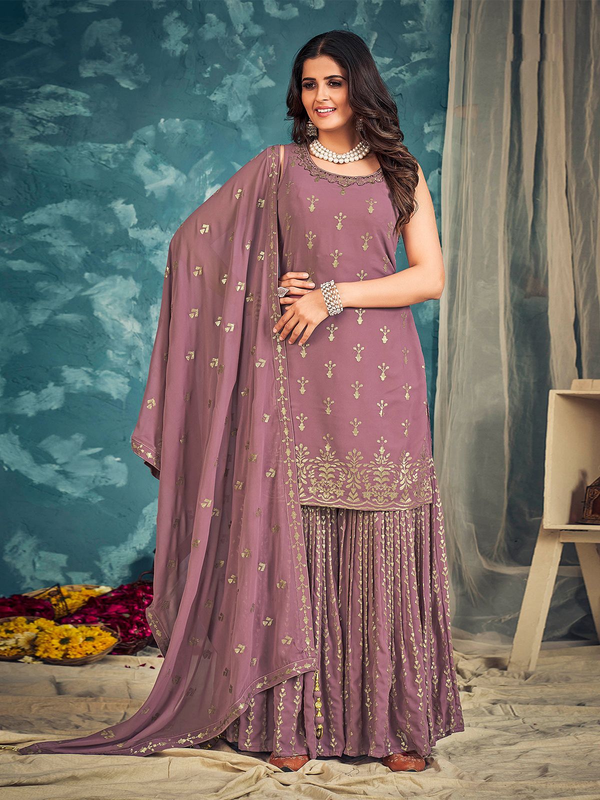 Odette Lilac Georgette Embellished Stitched Salwar Suit Set For Women