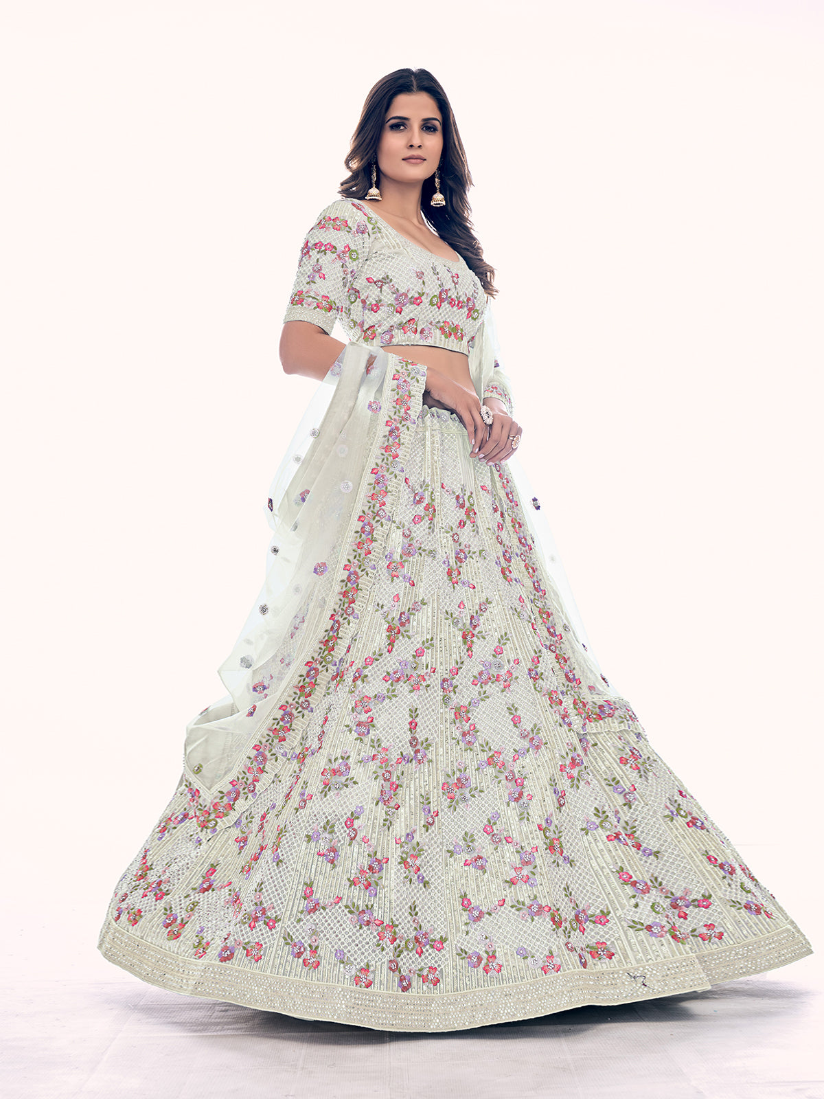 Odette White Embroidered Soft Net Semi Stitched Lehenga With Blouse For Women