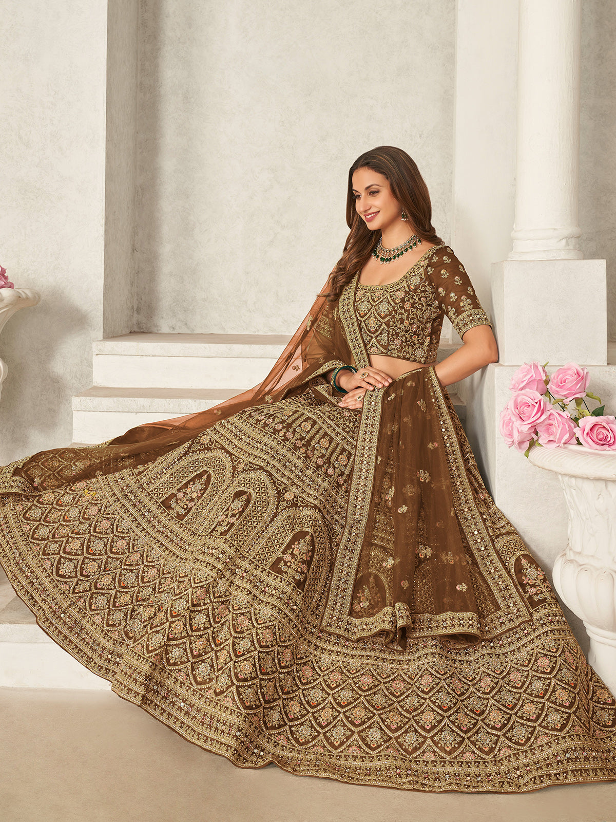 Odette Brown Organza Blend Embroidered Semi Stitched Lehenga With Unstitched Blouse for Women