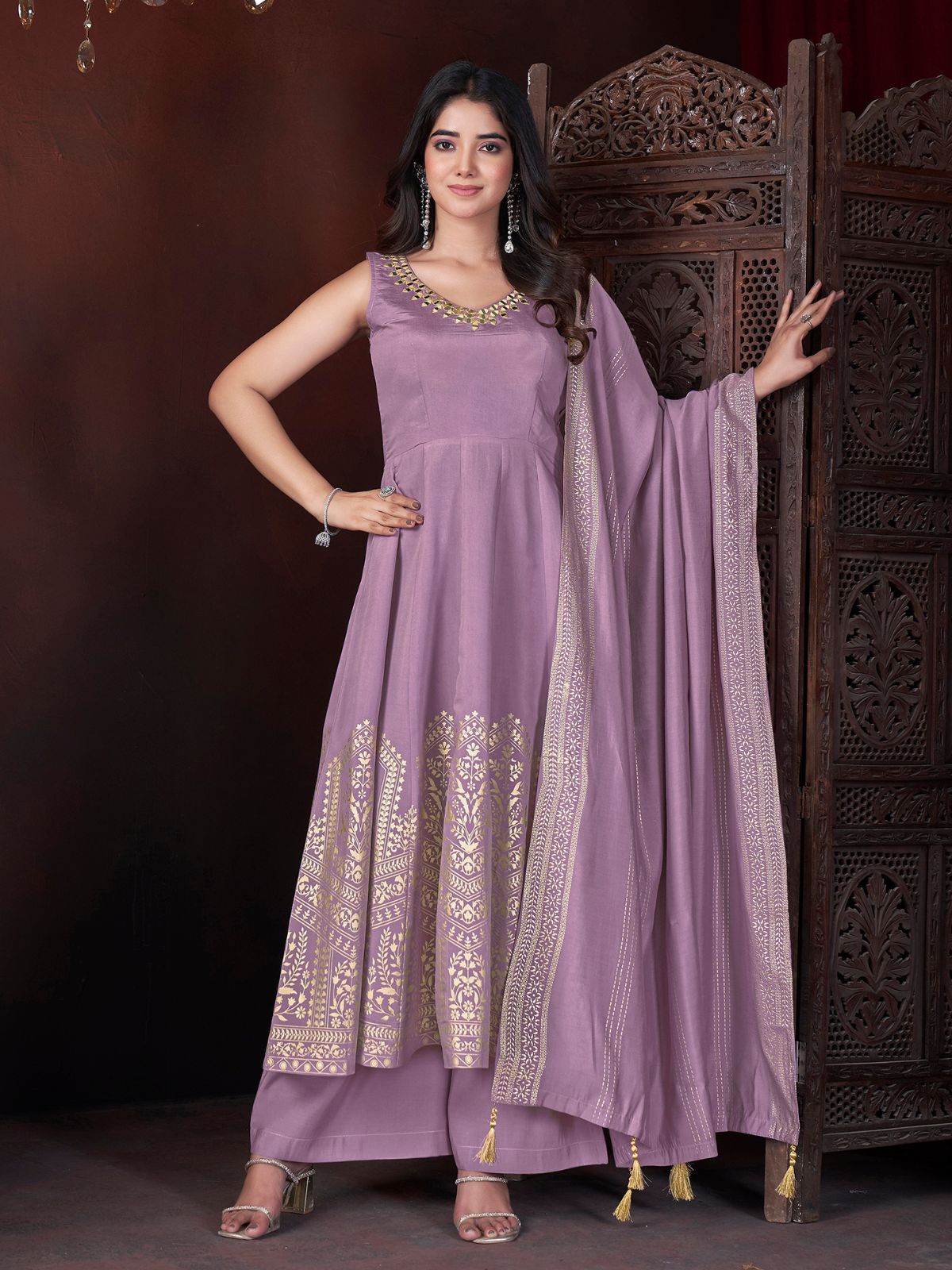 Odette Lavender Silk Blend Woven Stitched Kurta Set For Women