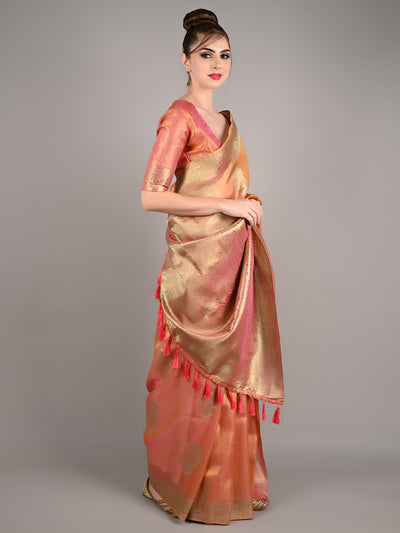 Orange Satin Nylon Woven Saree With Unstitched Blouse