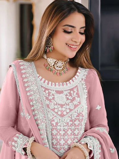 Odette Pink Organza Embroidered Semi Stitched Salwar Suit For Women