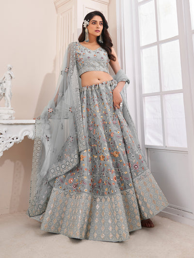 Odette Grey Organza Blend Embroidered Semi Stitched Lehenga With Unstitched Blouse for Women