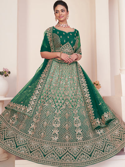 Odette Light Green Net Embellished Semi Stitched Lehenga With Unstitched Blouse for Women