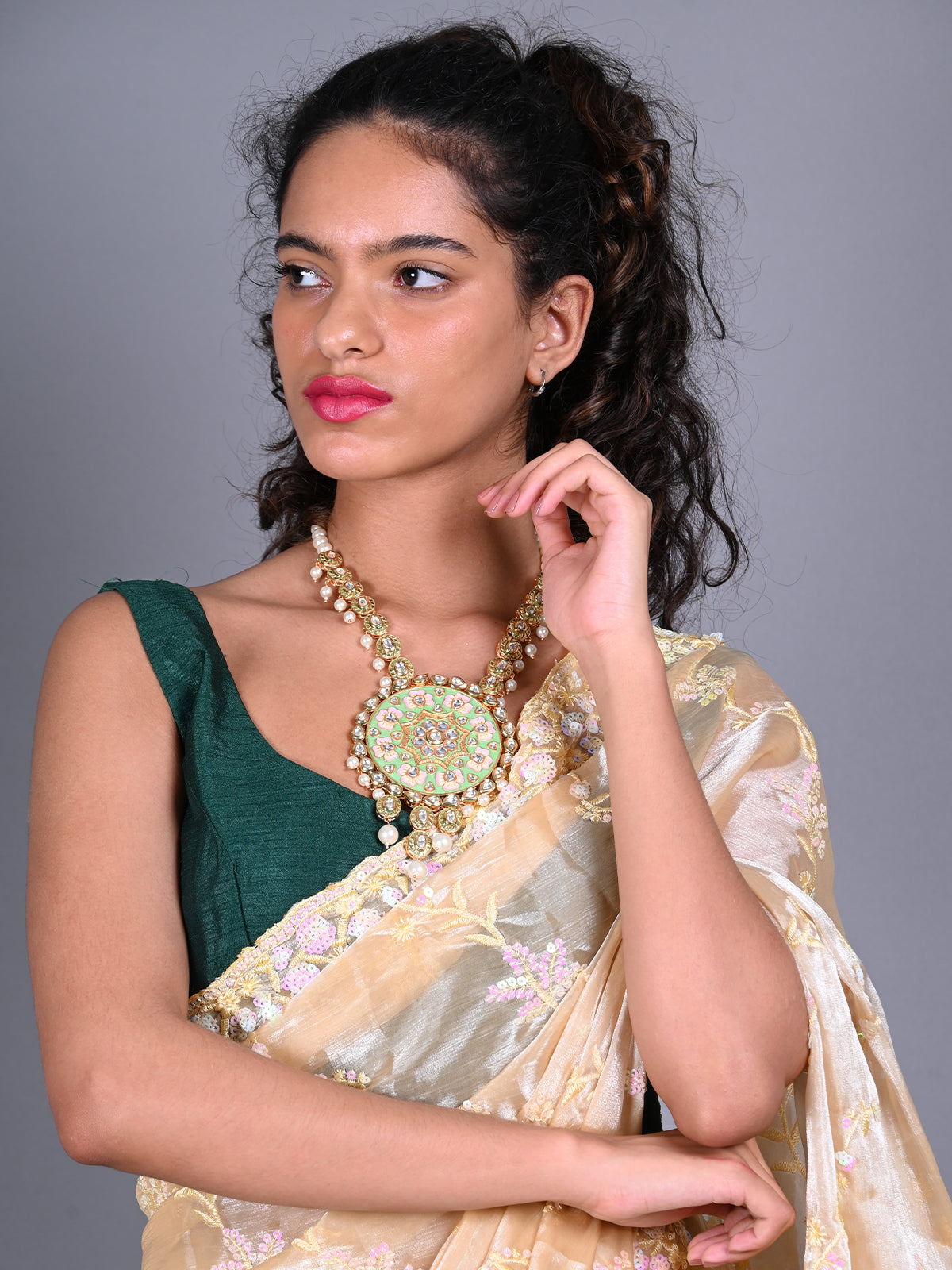 Odette Green Meenkari And Kundan Embellished Neck Piece For Women